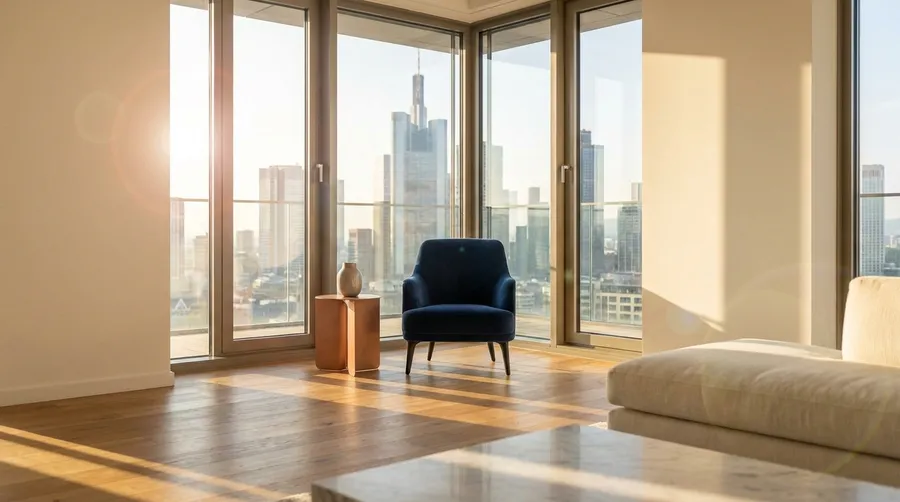 Hochwertiges Wohnzimmer mit Blick auf die Frankfurter Skyline